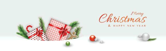 Merry Christmas header minimal decorative design with xmas balls and gift box vector