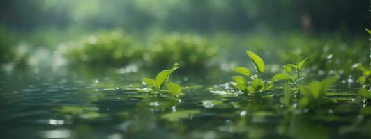 borroso imagen de natural antecedentes desde agua y plantas. ai generado foto