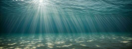 underwater background deep blue sea and beautiful light rays with sandy floor. AI generated photo