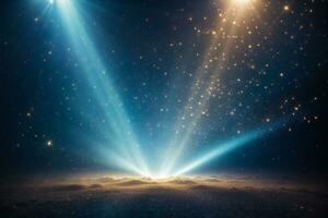 Abstract dark blue digital background with sparkling blue light particles and areas with deep depths Particles form into lines, surfaces and grids. AI generated photo