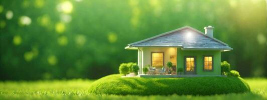 Copy space of home and life concept. Small model home on green grass with sunlight abstract background.. AI generated photo