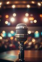 Retro microphone on stage. AI generated photo