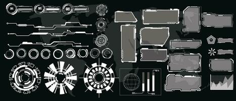 digital interface HUD elements set pack. User Interface, frame screens. Callouts titles, FUI circle set, Loading bars. Dashboard reality technology screen. Vector