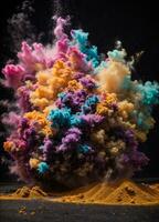 Abstract powder splatted background. Colorful powder explosion on white background. Colored cloud. Colorful dust explode. Paint Holi. AI generated photo