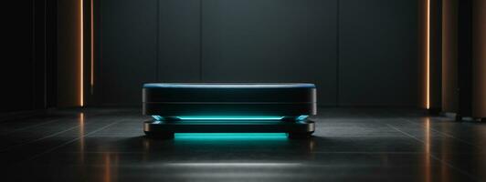 Futuristic dark podium with light and reflection background. AI generated photo
