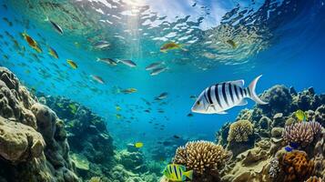 foto de pez cebra con varios pescado Entre sano coral arrecifes en el azul océano. generativo ai
