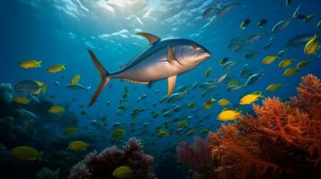 foto de aleta amarilla atún con varios pescado Entre sano coral arrecifes en el azul océano. generativo ai