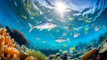 foto de radiografía tetra pescado con varios pescado Entre sano coral arrecifes en el azul océano. generativo ai