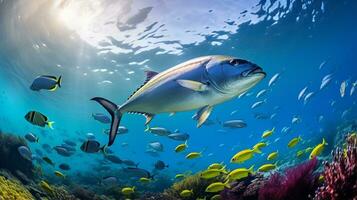 Photo of Yellowfin Tuna with various fish between healthy coral reefs in the blue ocean. Generative AI