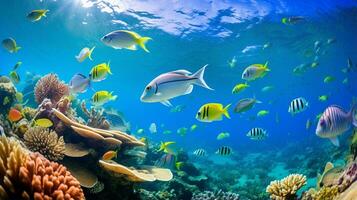 foto de radiografía tetra pescado con varios pescado Entre sano coral arrecifes en el azul océano. generativo ai