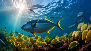 Photo of Yellowfin Tuna with various fish between healthy coral reefs in the blue ocean. Generative AI