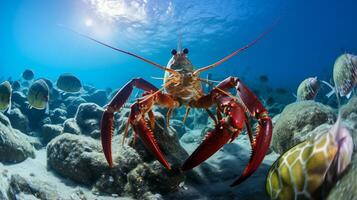 Photo of Lobster with various fish between healthy coral reefs in the blue ocean. Generative AI