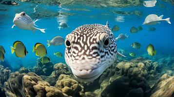 Photo of Pufferfish with various fish between healthy coral reefs in the blue ocean. Generative AI