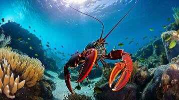 Photo of Lobster with various fish between healthy coral reefs in the blue ocean. Generative AI