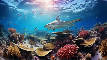 Photo of Hammerhead Shark with various fish between healthy coral reefs in the blue ocean. Generative AI