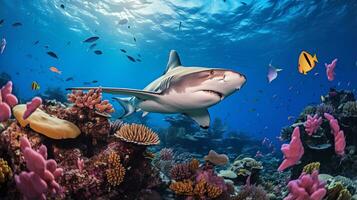 Photo of Hammerhead Shark with various fish between healthy coral reefs in the blue ocean. Generative AI