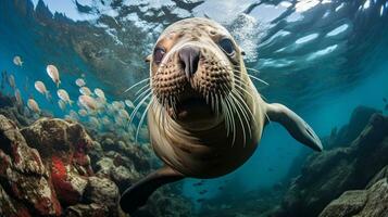 Photo of Sea Lion with various fish between healthy coral reefs in the blue ocean. Generative AI