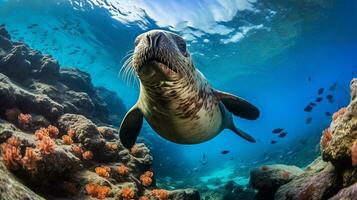 Photo of Sea Lion with various fish between healthy coral reefs in the blue ocean. Generative AI