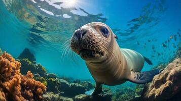 Photo of Sea Lion with various fish between healthy coral reefs in the blue ocean. Generative AI