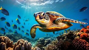 Photo of Sea Turtle with various fish between healthy coral reefs in the blue ocean. Generative AI