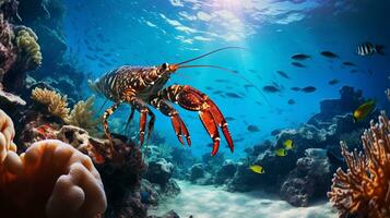 Photo of Lobster with various fish between healthy coral reefs in the blue ocean. Generative AI