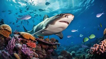 Photo of Hammerhead Shark with various fish between healthy coral reefs in the blue ocean. Generative AI
