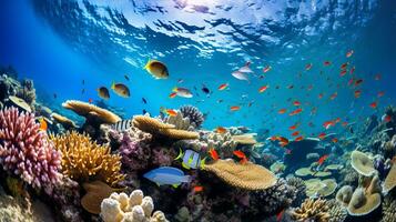foto de guppy con varios pescado Entre sano coral arrecifes en el azul océano. generativo ai