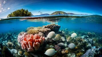 foto de quahog almeja Entre sano coral arrecifes en el azul océano. generativo ai