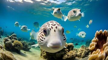 foto de pez globo con varios pescado Entre sano coral arrecifes en el azul océano. generativo ai