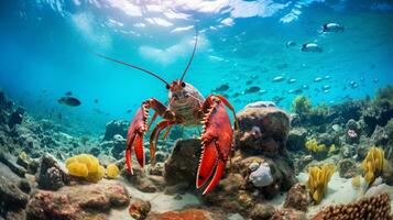 Photo of Lobster with various fish between healthy coral reefs in the blue ocean. Generative AI