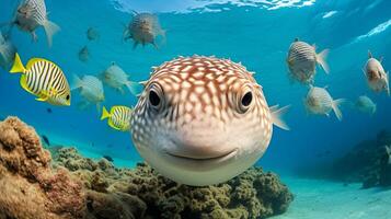 Photo of Pufferfish with various fish between healthy coral reefs in the blue ocean. Generative AI