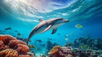 Photo of Dolphin with various fish between healthy coral reefs in the blue ocean. Generative AI