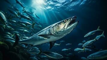 Photo of Barracuda with various fish between healthy coral reefs in the blue ocean. Generative AI