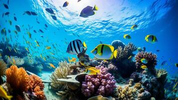 Photo of Angelfish with various fish between healthy coral reefs in the blue ocean. Generative AI