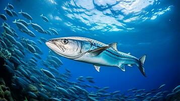 Photo of Barracuda with various fish between healthy coral reefs in the blue ocean. Generative AI