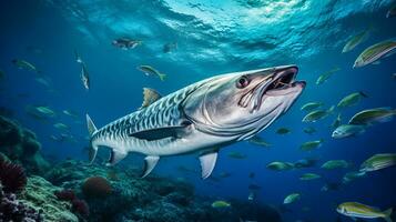 Photo of Barracuda with various fish between healthy coral reefs in the blue ocean. Generative AI