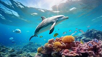 Photo of Dolphin with various fish between healthy coral reefs in the blue ocean. Generative AI