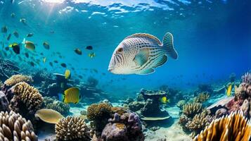 Photo of Flounder with various fish between healthy coral reefs in the blue ocean. Generative AI