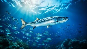 foto de barracuda con varios pescado Entre sano coral arrecifes en el azul océano. generativo ai