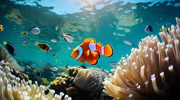 Photo of Clownfish with various fish between healthy coral reefs in the blue ocean. Generative AI