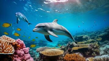 Photo of Dolphin with various fish between healthy coral reefs in the blue ocean. Generative AI