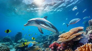 Photo of Dolphin with various fish between healthy coral reefs in the blue ocean. Generative AI