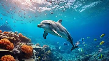 Photo of Dolphin with various fish between healthy coral reefs in the blue ocean. Generative AI