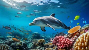 Photo of Dolphin with various fish between healthy coral reefs in the blue ocean. Generative AI