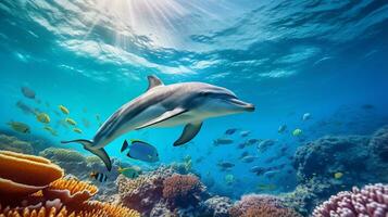 Photo of Dolphin with various fish between healthy coral reefs in the blue ocean. Generative AI