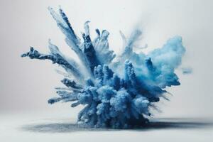 Abstract blue dust explosion on white background. Freeze motion of blue powder splash. Painted Holi in festival.. AI generated photo