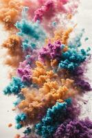 Abstract powder splatted background. Colorful powder explosion on white background. Colored cloud. Colorful dust explode. Paint Holi. AI generated photo