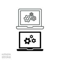 ajuste parámetros, ordenador portátil línea y glifo icono. monitor y engranajes, ajustando aplicación opciones, mantenimiento, reparar, fijación monitor. editable carrera vector ilustración diseño en blanco antecedentes eps 1