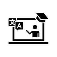 Online language tutoring glyph icon. Virtual learning of foreign languages. Distance education training with personal tutor course. Flat pictogram vector illustration design on white background EPS 10