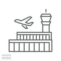 aeropuerto edificio línea icono símbolo. aviones en pista, aeronave controlar torre terminal edificio. viaje F turismo planificación editable carrera vector ilustración diseño en blanco antecedentes eps 10